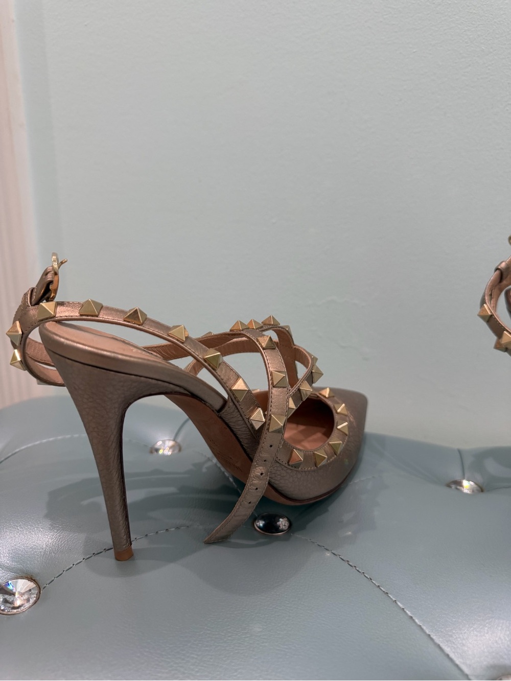 Valentino Taupe Leather Studded High Heel Sandals with Gold Studs